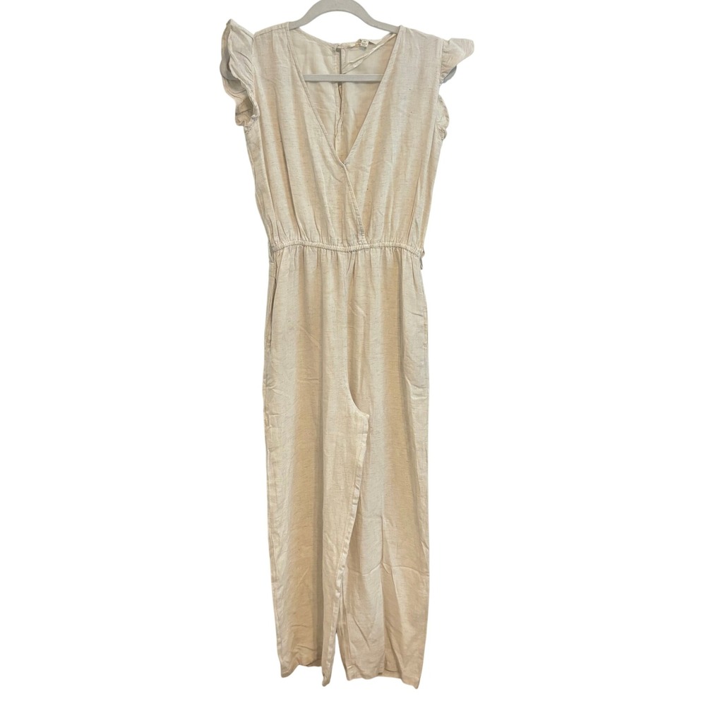 Sim & Sam Womens Jumpsuit M Medium Beige Ruffle Sleeve V Neck Minimalist Boho‎
